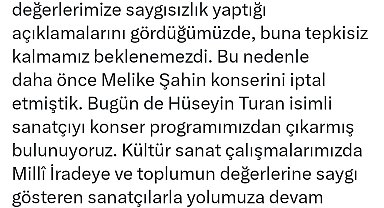 Bursa Büyükşehir Belediyesi, Hüseyin Turan konserini iptal etti