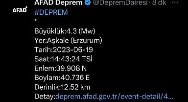 Erzurum'da 4,3 büyüklüğünde deprem