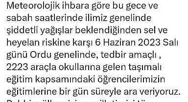 Ordu'da sel tehlikesi nedeniyle taşımalı sistem eğitime 1 gün ara verildi