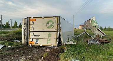 Reklam tabelasına çarparak devrilen sakatat yüklü tırın sürücüsü yaralandı