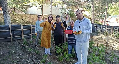 Bahçeye dikilen meyve ve sebzelerin hasadı yapıldı