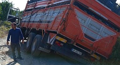 Narenciye yüklü kamyon yoldaki çukura düştü