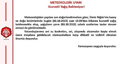 Niğde Valiliği Sağanak Yağış İçin Uyarıda Bulundu