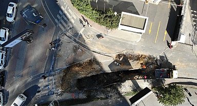 Şişli'de çöken kaldırımdaki onarım çalışmaları havadan görüntülendi