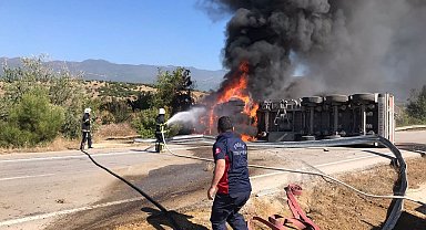 Süt taşıyan tır devrildi, sürücü yanarak hayatını kaybetti
