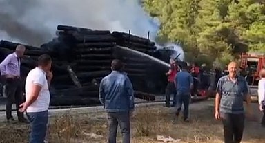 Tomruk yüklü tır alevlere teslim oldu