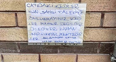 Mahsur kaldığı sanılan kedileri kurtarmak isteyenlere bilgilendirme yazısı astı