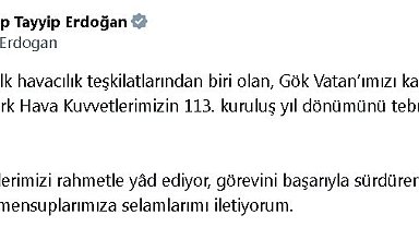 Cumhurbaşkanı Erdoğan, Türk Hava Kuvvetleri'nin 113'üncü yaşını kutladı