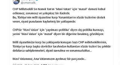 AK Parti'li Çelik'ten CHP'li Tan'a 'Mavi Vatan' tepkisi