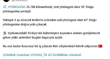 Bakan Kacır: TÜRKSAT6A test yörüngesi olan 50° Doğu yörüngesine yerleşti