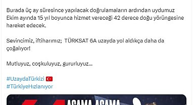 Bakan Uraloğlu: Türksat 6A, geçici yörüngesine ulaştı