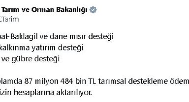 Bakanlık: 87.5 milyon TL tarımsal destekleme ödemesi bugün yatırılıyor