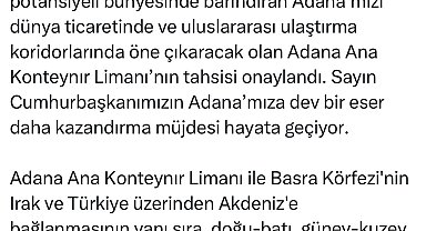 Basra'yı Akdeniz'e bağlayacak Adana Ana Konteyner Limanı'nın tahsisi onaylandı