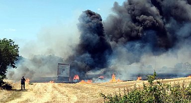 Buğday yüklü TIR alev aldı; 10 dekar tarım alanı zarar gördü