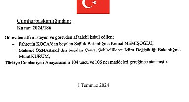 Çevre, Şehircilik ve İklim Değişikliği Bakanlığına Murat Kurum, Sağlık Bakanlığına Kemal Memişoğlu atandı