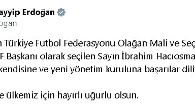 Cumhurbaşkanı Erdoğan'dan, TFF Başkanı Hacıosmanoğlu'na tebrik mesajı