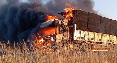 Saman yüklü TIR seyir halindeyken yandı; alevler tarlaya sıçradı