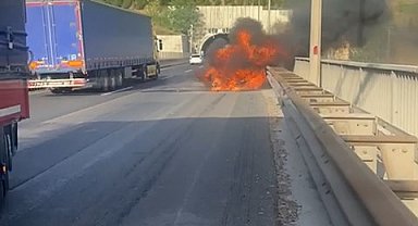 TEM'de otomobilde çıkan yangın ağaçlara sıçradı; 7 kilometrelik araç kuyruğu oluştu