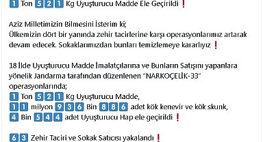 18 ildeki 'Narkoçelik-33' operasyonlarında 46 şüpheli tutuklandı