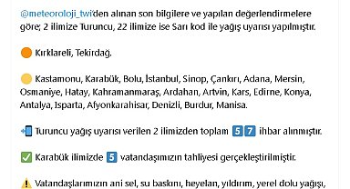 AFAD: 2 ilde 'Turuncu', 22 ilde 'Sarı' kod ile yağış uyarısı yapılmıştır
