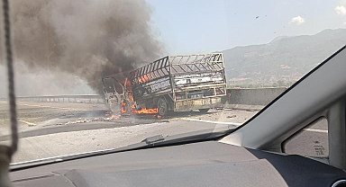 Kamyonet alev aldı, otoyol kenarındaki otlar tutuştu