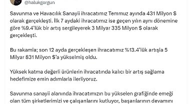 Savunma sanayinde temmuz ihracatı 431 milyon dolar