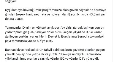 Bakan Şimşek: Temmuzda 10 yılın en yüksek aylık portföy girişi gerçekleşti
