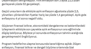 Bakan Şimşek: Yıl sonunda enflasyonun tahmin aralığında gerçekleşmesini öngörüyoruz