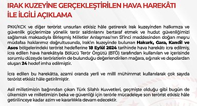 MSB: Irak'ın kuzeyinde teröristler tarafından kullanılan 24 hedef imha edildi