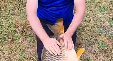 Oltayla yakaladığı dev balığı bacaklarının üzerinde bebek gibi salladı