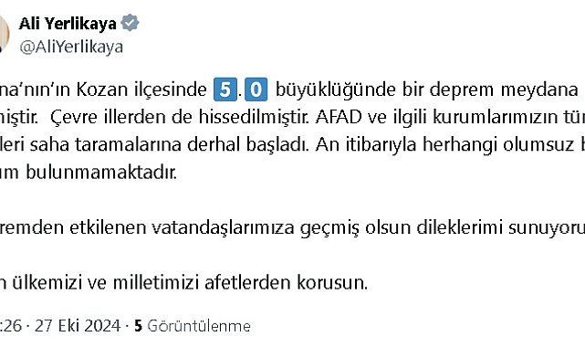 Adana 5.0 büyüklüğündeki depremle sallandı
