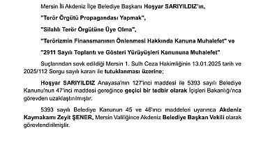Akdeniz Belediye Başkanı Sarıyıldız görevden uzaklaştırıldı