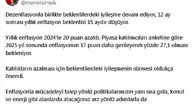 Bakan Şimşek: 12 ay sonrası yıllık enflasyon beklentisi 15 aydır düşüyor