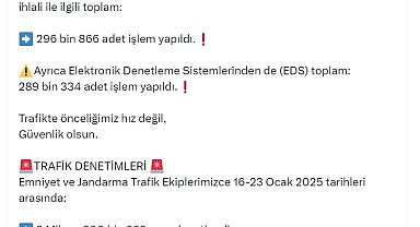 Bakan Yerlikaya: 2025'in ilk 20 gününde hız ihlaliyle ilgili 296 bin işlem yapıldı