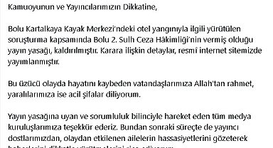 Bolu Kartalkaya'daki otel yangınıyla ilgili yayın yasağı kaldırıldı