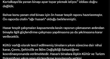 DMM: Kartalkaya'da yanan otelin apar topar yıkılacağı iddiası doğru değil