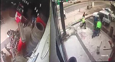 Şişirdiği lastiğin patlamasıyla yaralandı; olay kamerada