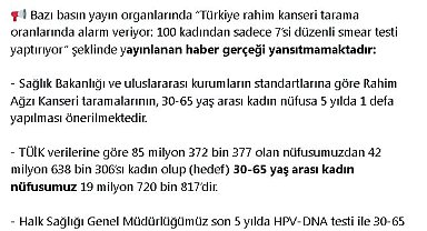 Bakanlık: Rahim ağzı kanserine ilişkin hedef nüfusun yüzde 63,51'i tarandı
