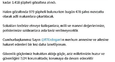 Bakan Yerlikaya: Yasa dışı gösterilerde 1418 şüpheli gözaltına alındı