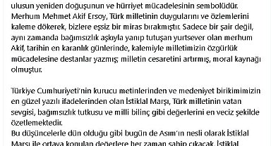 Cumhurbaşkanı Erdoğan'dan, İstiklal Marşı'nın kabulünün 104'üncü yıl dönümü mesajı