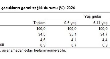 TÜİK: Çocukların yüzde 94,5'inin genel sağlık durumu 'İyi veya çok iyi' düzeyde
