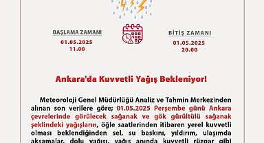 Ankara Valiliği'nden 1 Mayıs için 'sağanak' uyarısı