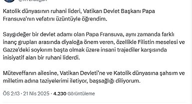 Cumhurbaşkanı Erdoğan'dan, Papa Fransuva için taziye mesajı