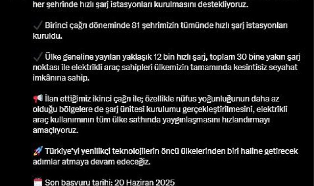 Elektrikli araç şarj istasyonu destek programına başvurular başladı