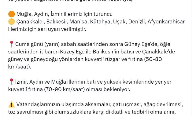 3 ilde 'turuncu', 7 ilde 'sarı' kodlu fırtına uyarısı