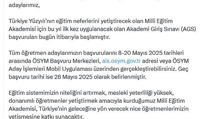 Bakan Tekin: Milli Eğitim Akademisi Giriş Sınavı başvuruları başladı