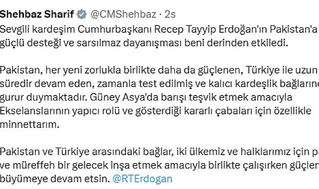 Pakistan Başbakanı Şerif: Türkiye ile devam eden kardeşlik bağlarından gurur duymaktayız