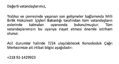 Türkiye'nin Trablus Büyükelçiliği'nden Türk vatandaşlarına uyarı